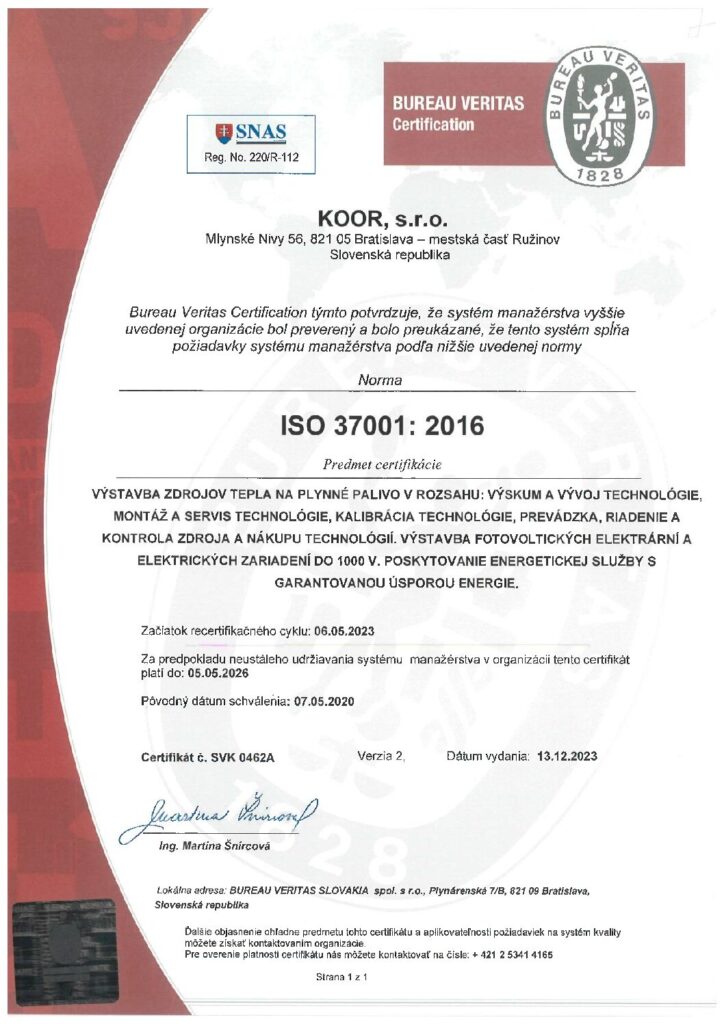 Certifikát ISO 37001 - SK/EN