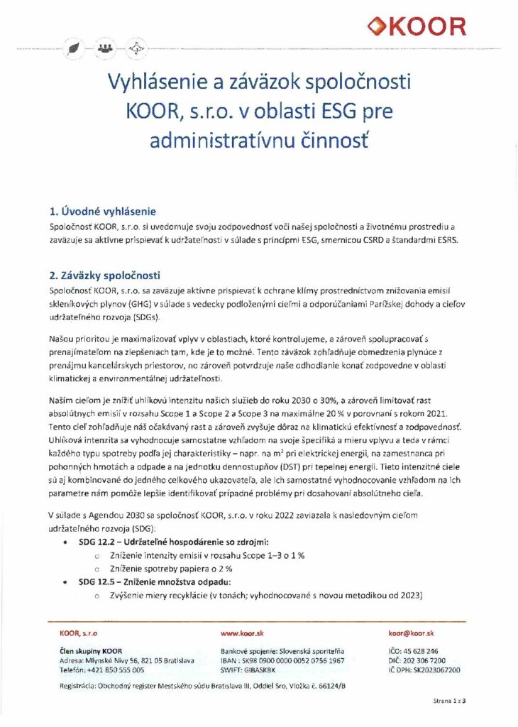 Vyhlásenie ESG – administratívna činnosť