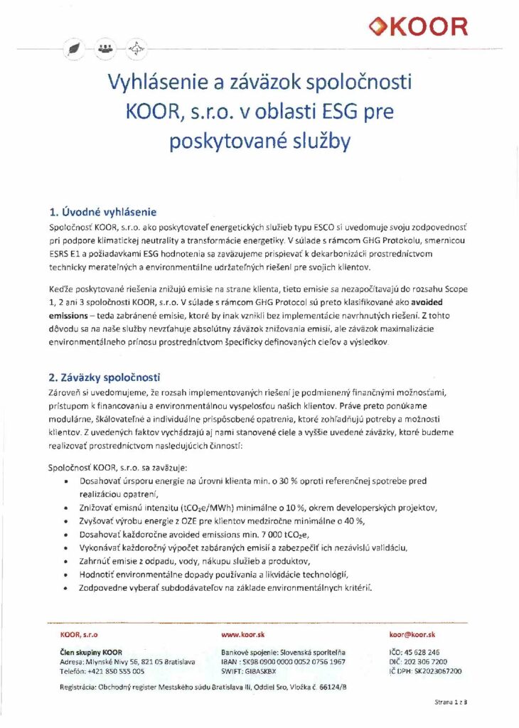 Vyhlásenie ESG – poskytovanie služieb