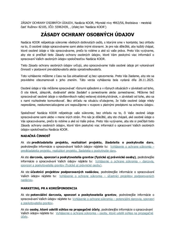 NADÁCIA KOOR - ZÁSADY OCHRANY OSOBNÝCH ÚDAJOV 28.11.2025