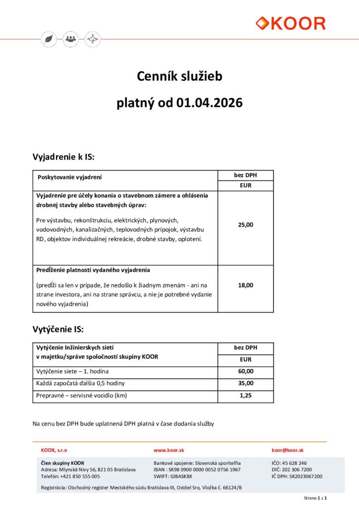 Cenník k Vyjadreniam Vytýčeniam IS platný od 1.4.2026