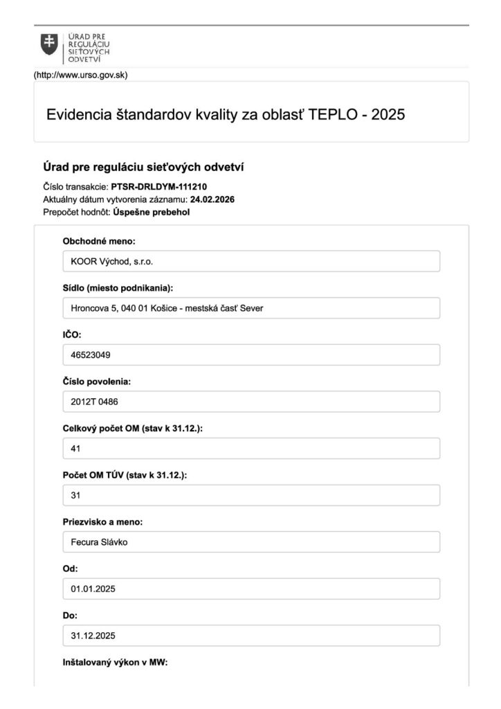 KOOR Východ - URSO Štandardy kvality TEPLO - 2025